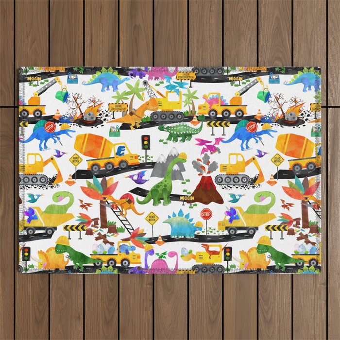 Watercolor Dinosaur Construction Crew Outdoor Rug Gallery Image 1