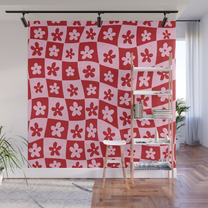 Red and Pink Retro Daisy Checkerboard Swirl Pattern Wall Mural Gallery Image 1