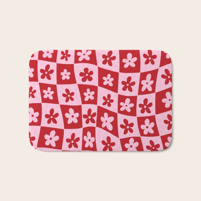 Red and Pink Retro Daisy Checkerboard Swirl Pattern Bath Mat Gallery Image 1
