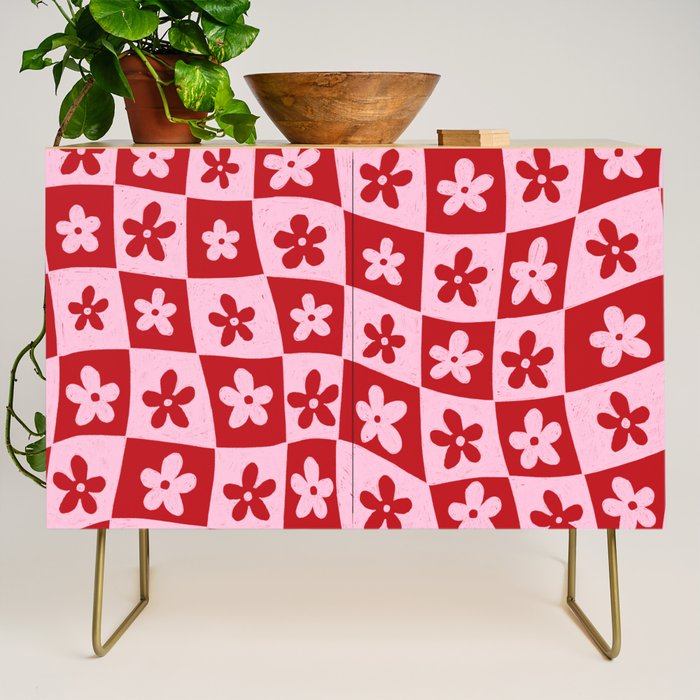 Red and Pink Retro Daisy Checkerboard Swirl Pattern Credenza Gallery Image 1