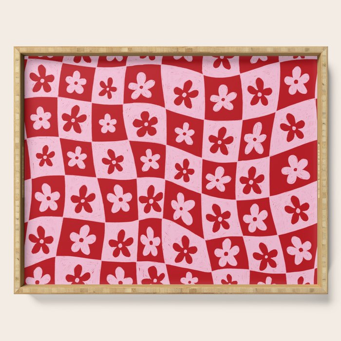 Red and Pink Retro Daisy Checkerboard Swirl Pattern Serving Tray Gallery Image 1