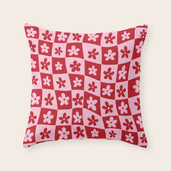 Red and Pink Retro Daisy Checkerboard Swirl Pattern Throw Pillow Gallery Image 6