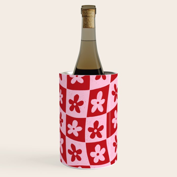 Red and Pink Retro Daisy Checkerboard Swirl Pattern Wine Chiller Gallery Image 3