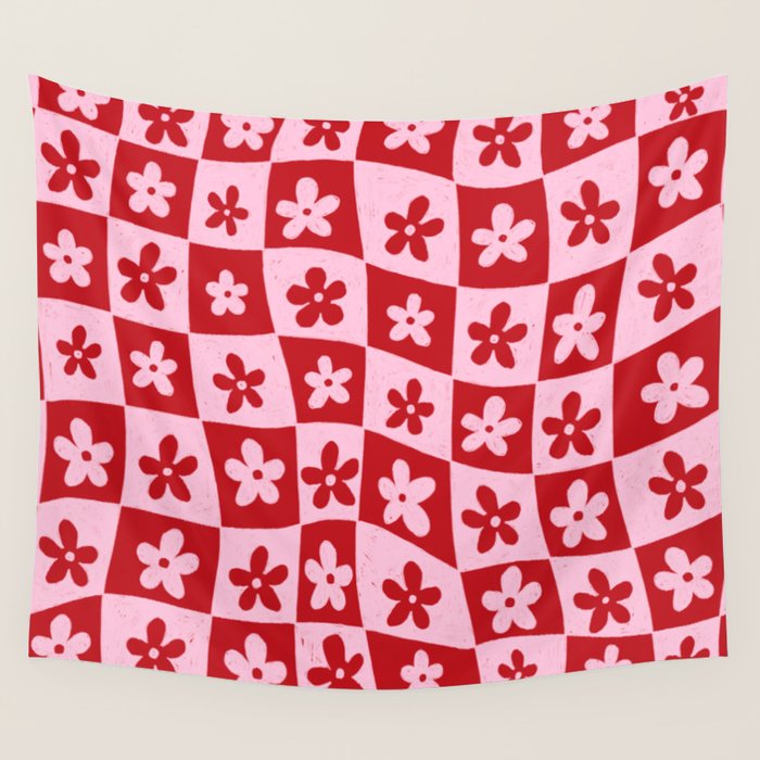 Red and Pink Retro Daisy Checkerboard Swirl Pattern Wall Tapestry Gallery Image 4