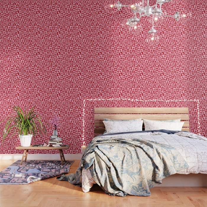 Red and Pink Retro Daisy Checkerboard Swirl Pattern Wallpaper Gallery Image 3