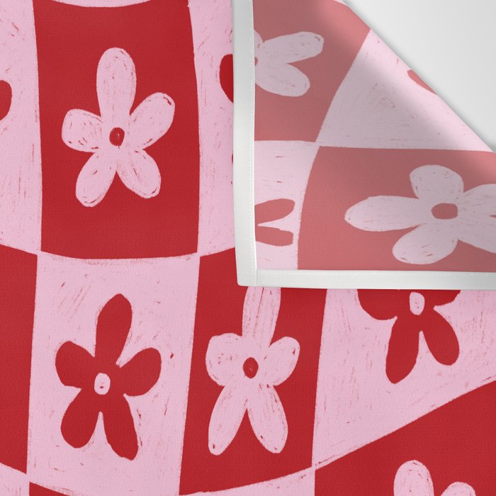 Red and Pink Retro Daisy Checkerboard Swirl Pattern Wall Tapestry Gallery Image 3