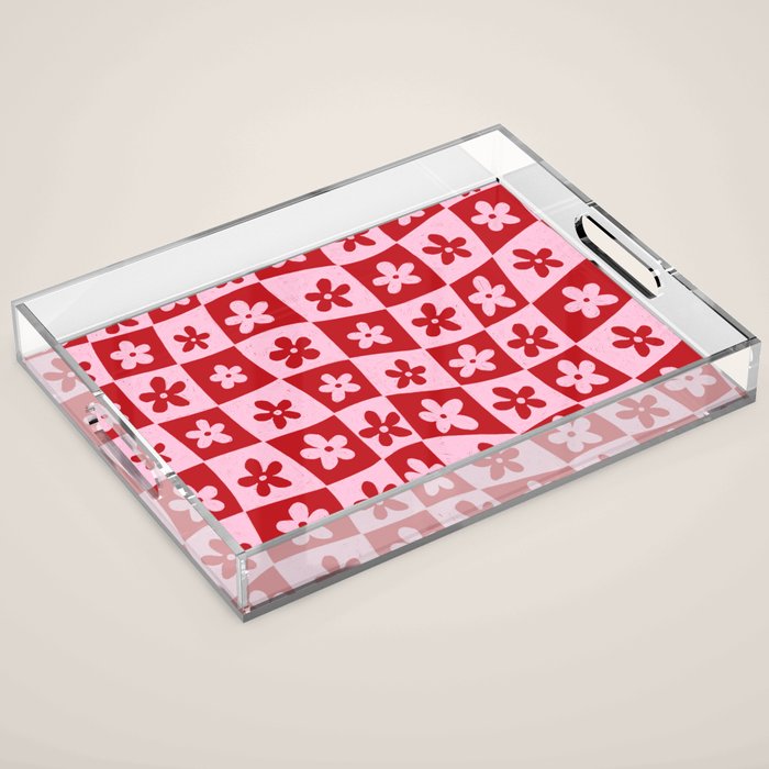Red and Pink Retro Daisy Checkerboard Swirl Pattern Acrylic Tray Gallery Image 1