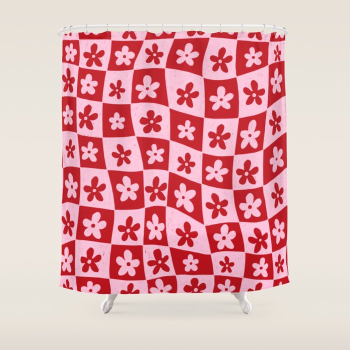Red and Pink Retro Daisy Checkerboard Swirl Pattern Shower Curtain Gallery Image 1