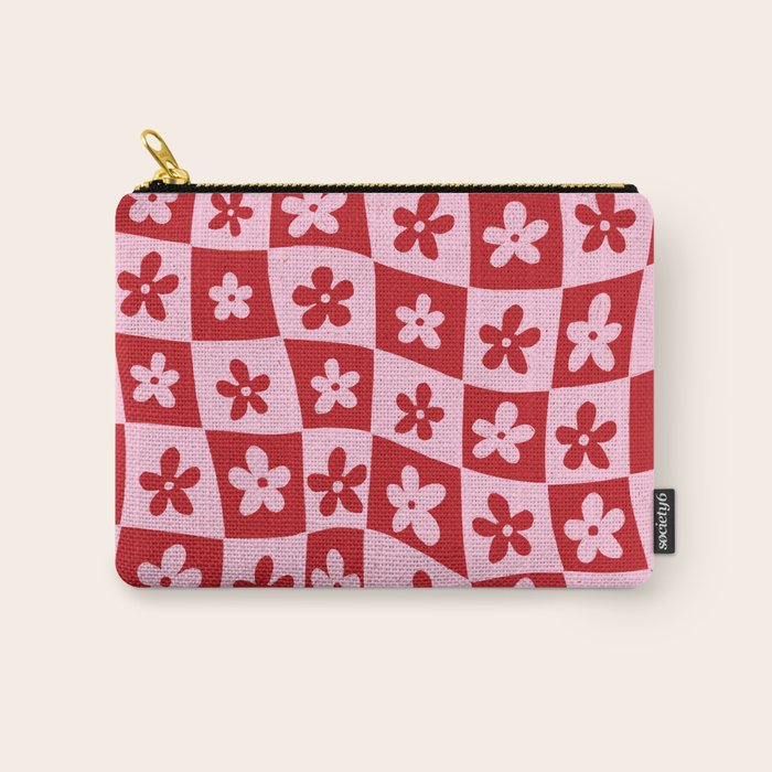 Red and Pink Retro Daisy Checkerboard Swirl Pattern Carry All Pouch Gallery Image 1