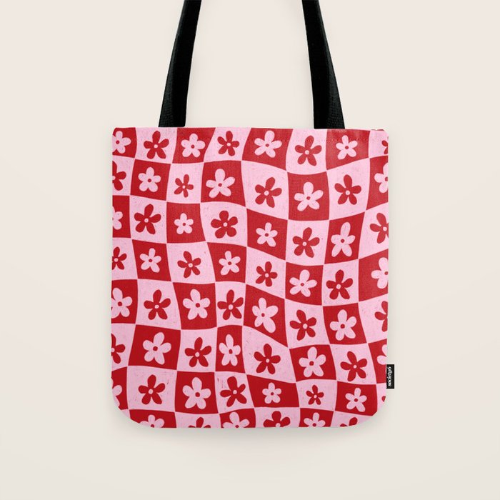 Red and Pink Retro Daisy Checkerboard Swirl Pattern Tote Bag Gallery Image 1