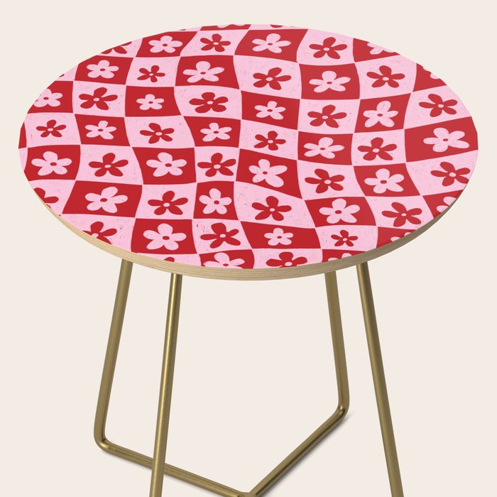 Red and Pink Retro Daisy Checkerboard Swirl Pattern Side Table Gallery Image 2