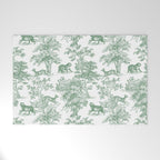 Toile de Jouy Vintage French Exotic Jungle Forest Green & White Welcome Mat Gallery Image 1