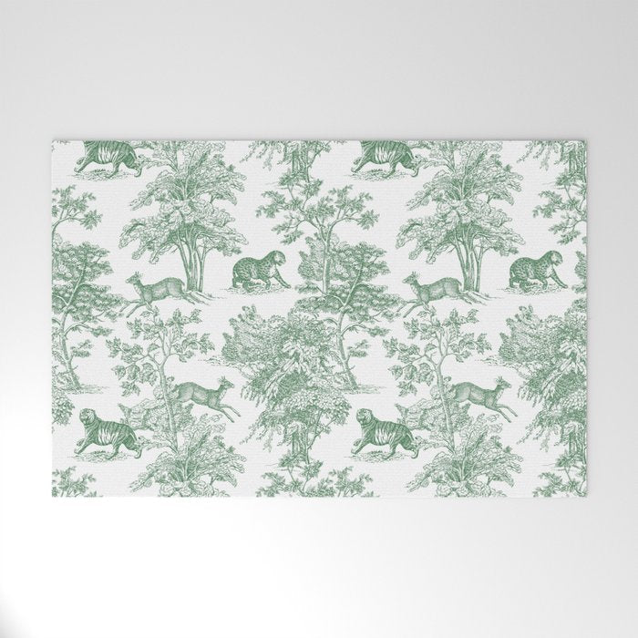 Toile de Jouy Vintage French Exotic Jungle Forest Green & White Welcome Mat Gallery Image 1