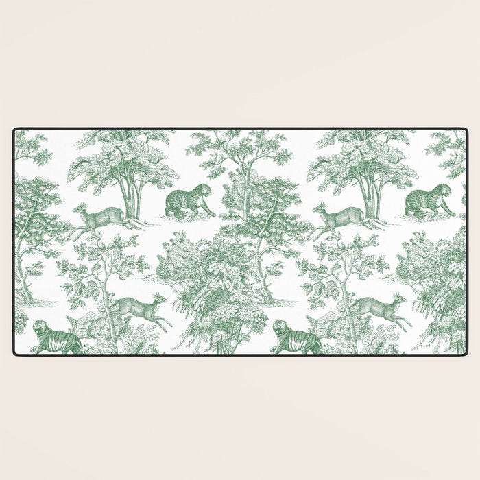 Toile de Jouy Vintage French Exotic Jungle Forest Green & White Desk Mat Gallery Image 3