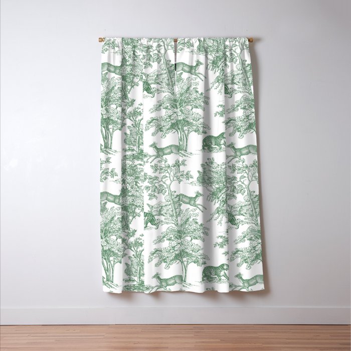 Toile de Jouy Vintage French Exotic Jungle Forest Green & White Window Curtain Gallery Image 3