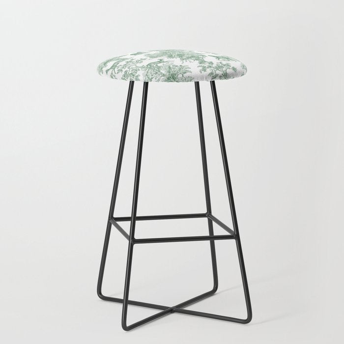 Toile de Jouy Vintage French Exotic Jungle Forest Green & White Stool Gallery Image 1