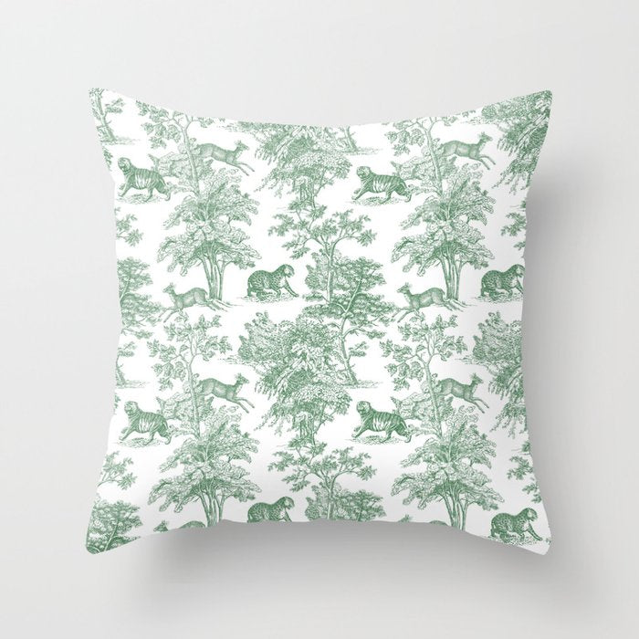 Toile de Jouy Vintage French Exotic Jungle Forest Green & White Throw Pillow Gallery Image 6