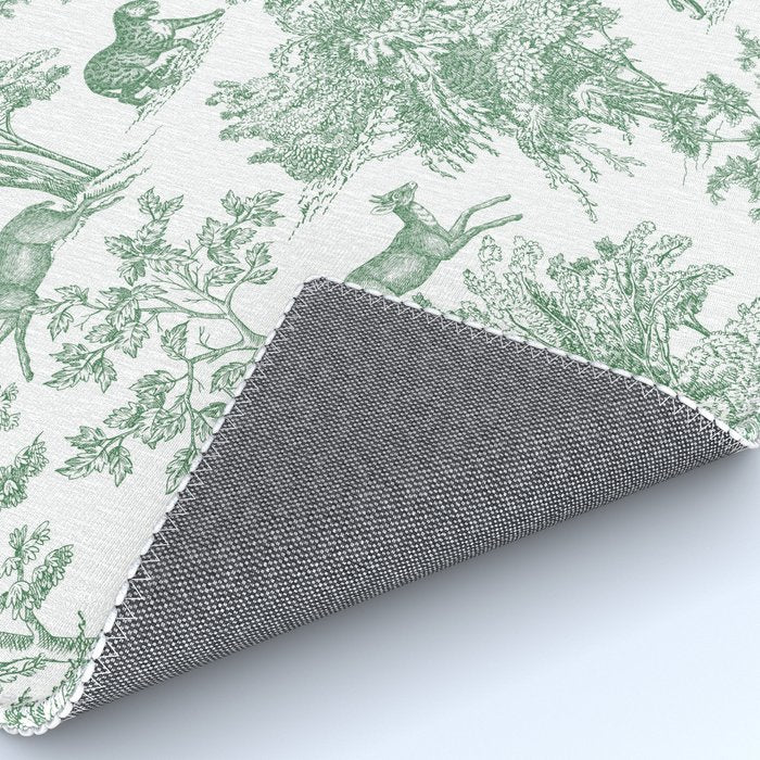 Toile de Jouy Vintage French Exotic Jungle Forest Green & White Rug Gallery Image 4