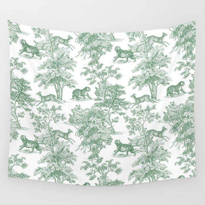 Toile de Jouy Vintage French Exotic Jungle Forest Green & White Wall Tapestry Gallery Image 4