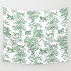 Toile de Jouy Vintage French Exotic Jungle Forest Green & White Wall Tapestry Gallery Image 4