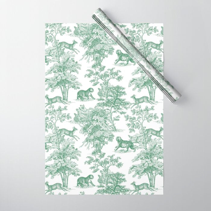 Toile de Jouy Vintage French Exotic Jungle Forest Green & White Wrapping Paper Gallery Image 1