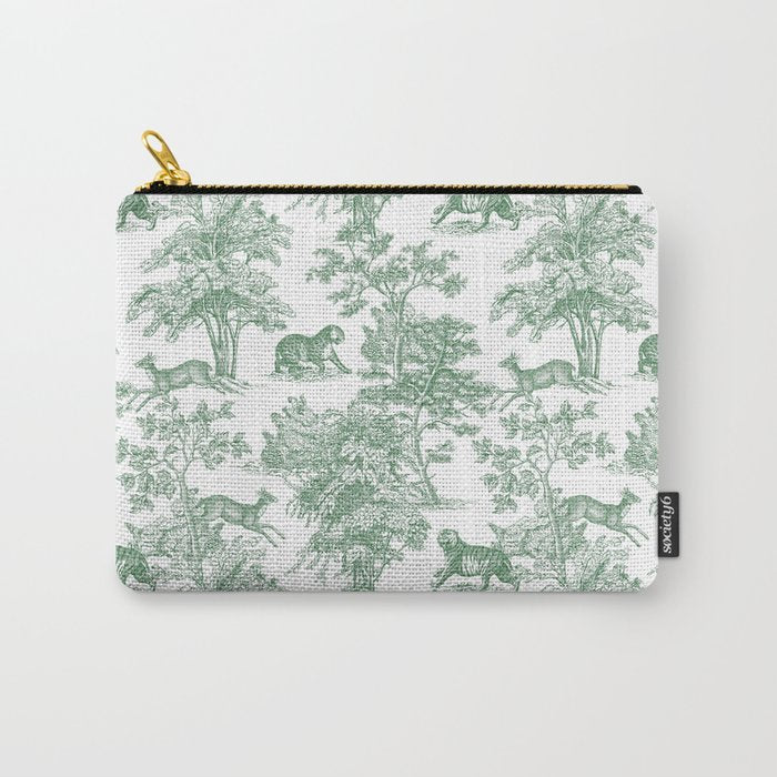 Toile de Jouy Vintage French Exotic Jungle Forest Green & White Carry All Pouch Gallery Image 1