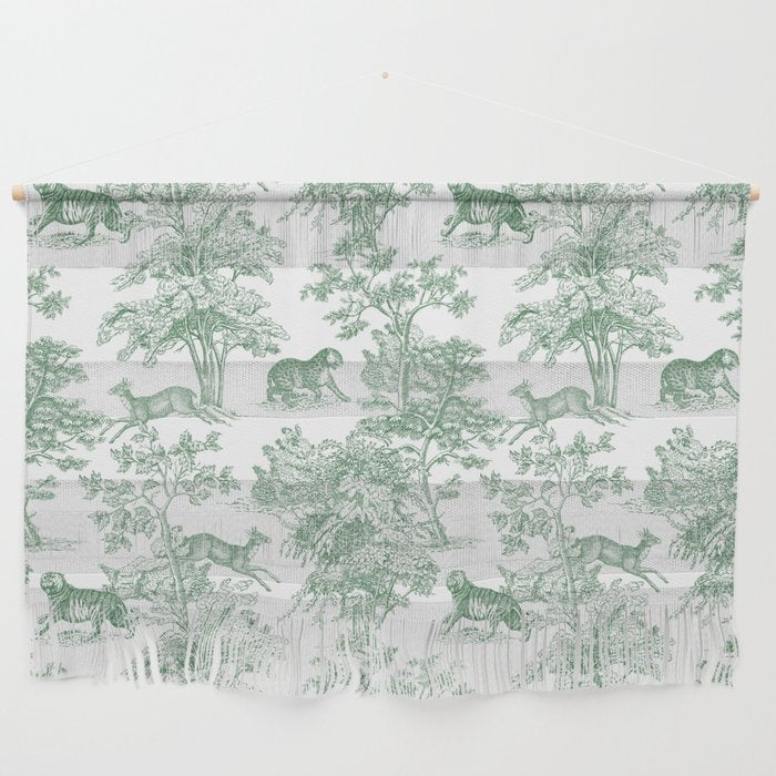 Toile de Jouy Vintage French Exotic Jungle Forest Green & White Wall Hanging Gallery Image 1