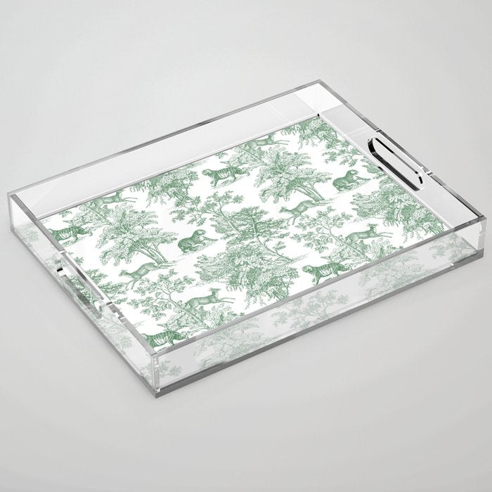 Toile de Jouy Vintage French Exotic Jungle Forest Green & White Acrylic Tray Gallery Image 1