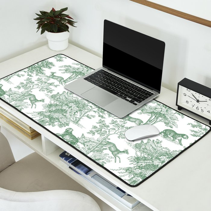 Toile de Jouy Vintage French Exotic Jungle Forest Green & White Desk Mat Gallery Image 2