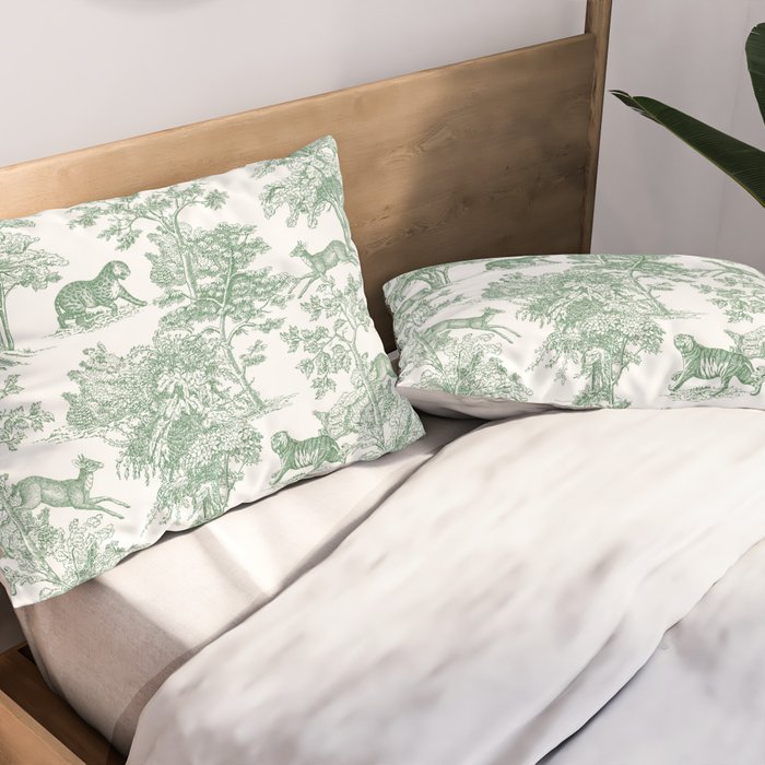 Toile de Jouy Vintage French Exotic Jungle Forest Green & White Pillow Sham Gallery Image 2