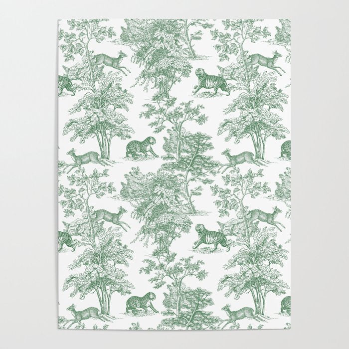 Toile de Jouy Vintage French Exotic Jungle Forest Green & White Poster Gallery Image 4