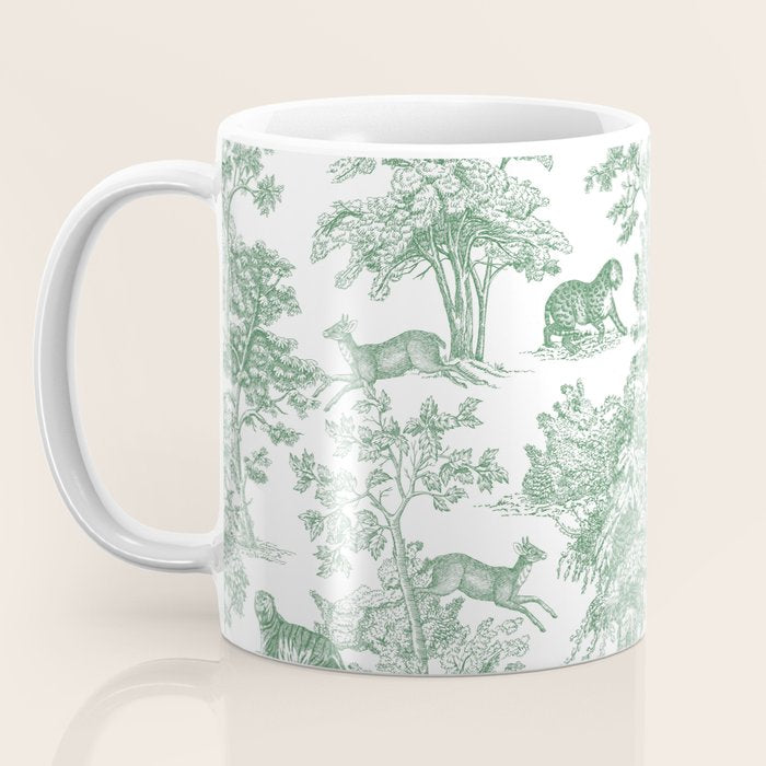 Toile de Jouy Vintage French Exotic Jungle Forest Green & White Coffee Mug Gallery Image 3