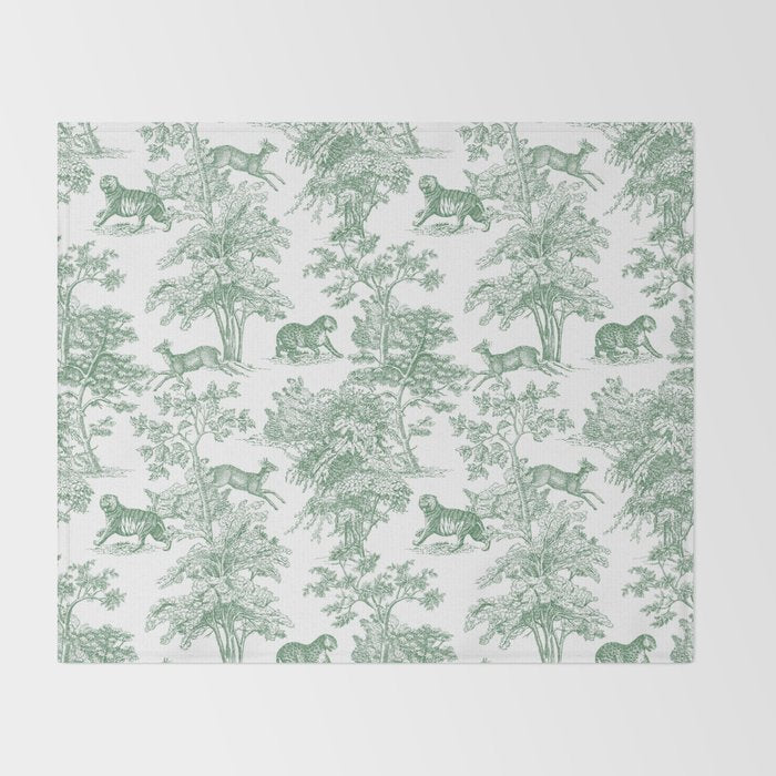 Toile de Jouy Vintage French Exotic Jungle Forest Green & White Throw Blanket Gallery Image 2