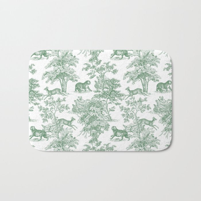Toile de Jouy Vintage French Exotic Jungle Forest Green & White Bath Mat Gallery Image 1