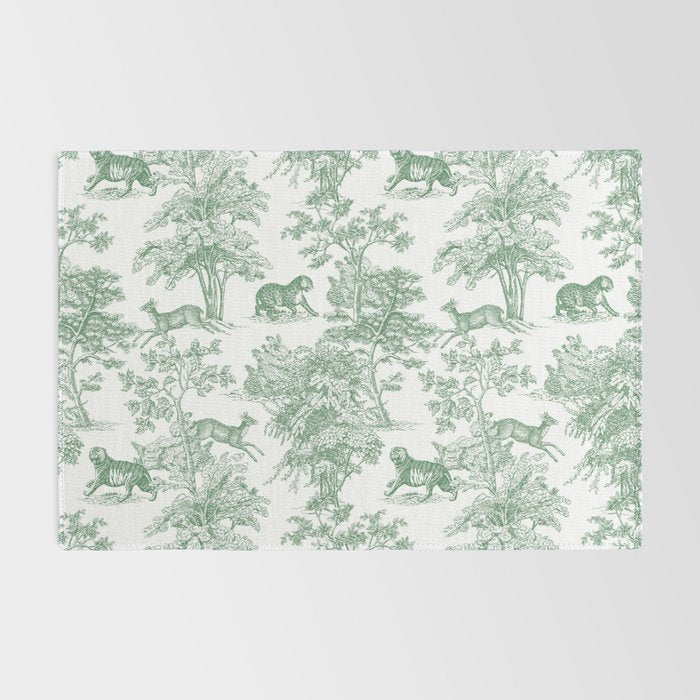 Toile de Jouy Vintage French Exotic Jungle Forest Green & White Rug Gallery Image 2