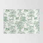 Toile de Jouy Vintage French Exotic Jungle Forest Green & White Rug Gallery Image 2