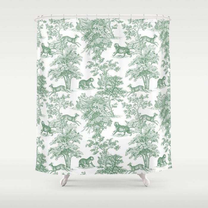 Toile de Jouy Vintage French Exotic Jungle Forest Green & White Shower Curtain Gallery Image 1