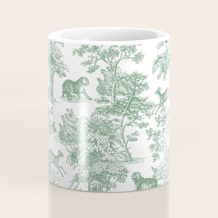 Toile de Jouy Vintage French Exotic Jungle Forest Green & White Coffee Mug Gallery Image 4