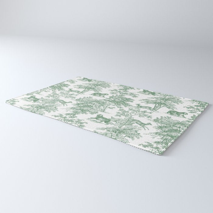 Toile de Jouy Vintage French Exotic Jungle Forest Green & White Rug Gallery Image 3