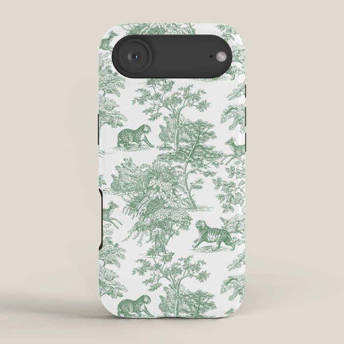 Toile de Jouy Vintage French Exotic Jungle Forest Green & White iPhone Case Gallery Image 2
