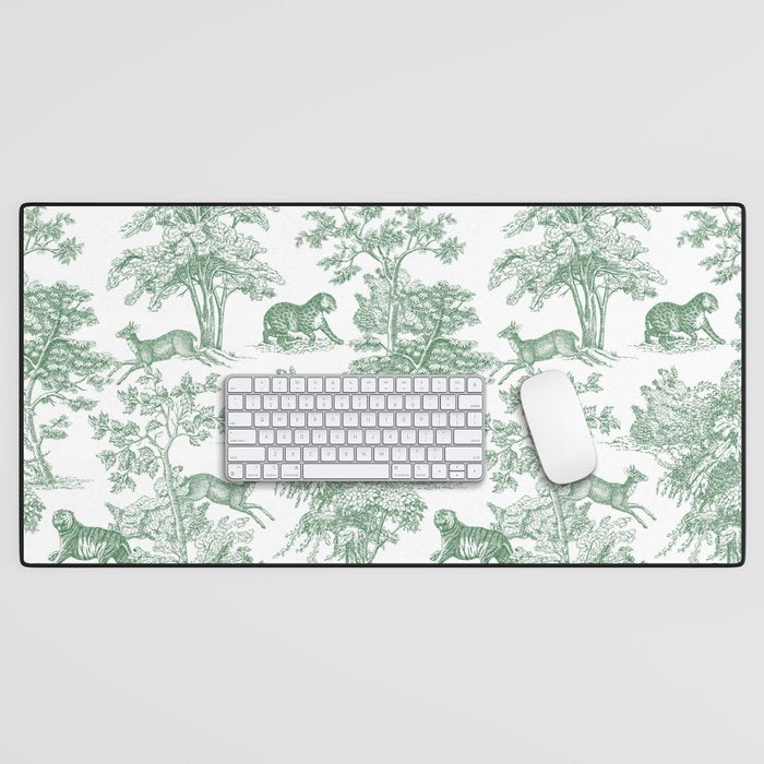Toile de Jouy Vintage French Exotic Jungle Forest Green & White Desk Mat Gallery Image 1