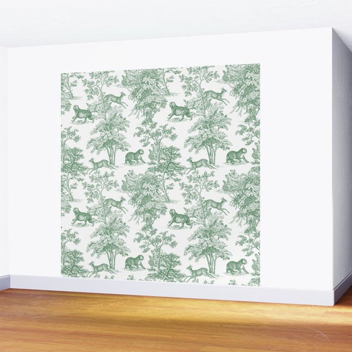 Toile de Jouy Vintage French Exotic Jungle Forest Green & White Wall Mural Gallery Image 2