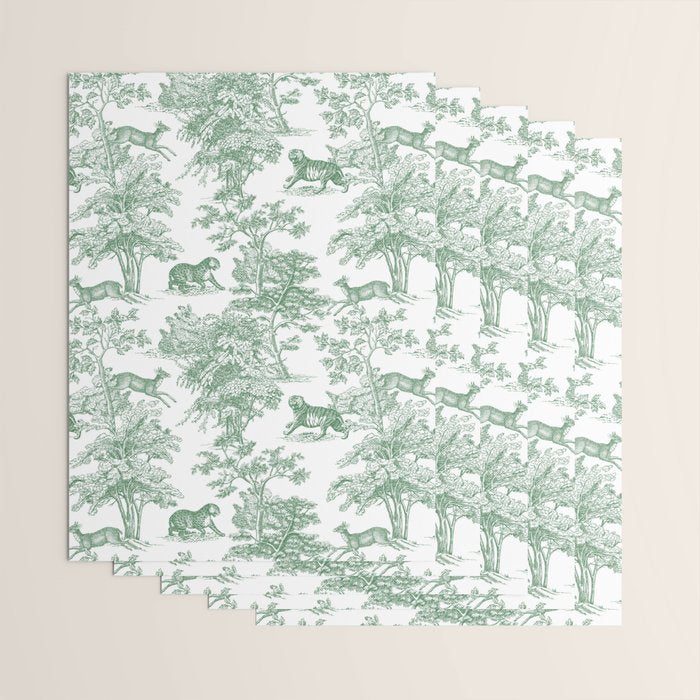 Toile de Jouy Vintage French Exotic Jungle Forest Green & White Wrapping Paper Gallery Image 3