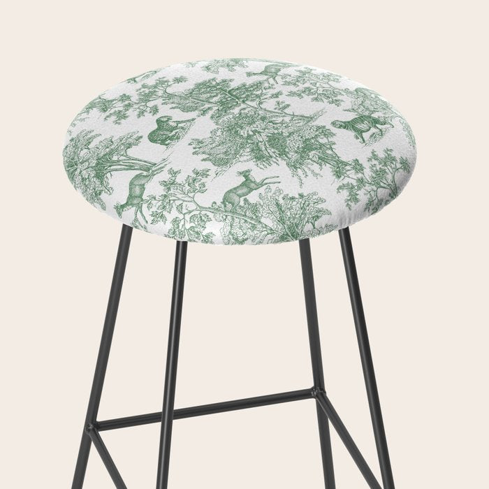 Toile de Jouy Vintage French Exotic Jungle Forest Green & White Stool Gallery Image 2