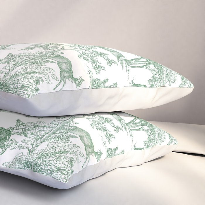 Toile de Jouy Vintage French Exotic Jungle Forest Green & White Pillow Sham Gallery Image 3