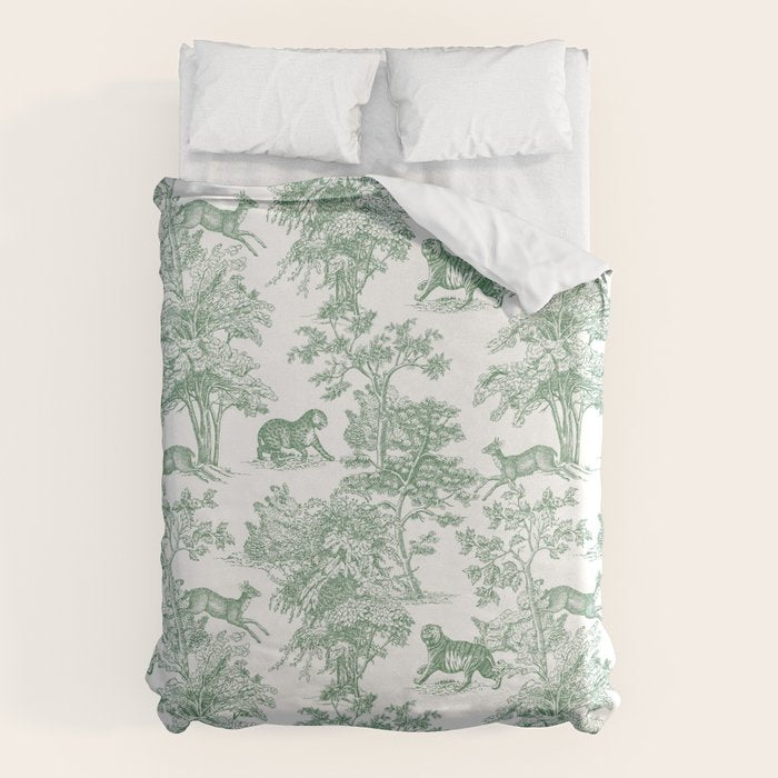 Toile de Jouy Vintage French Exotic Jungle Forest Green & White Duvet Cover Gallery Image 6