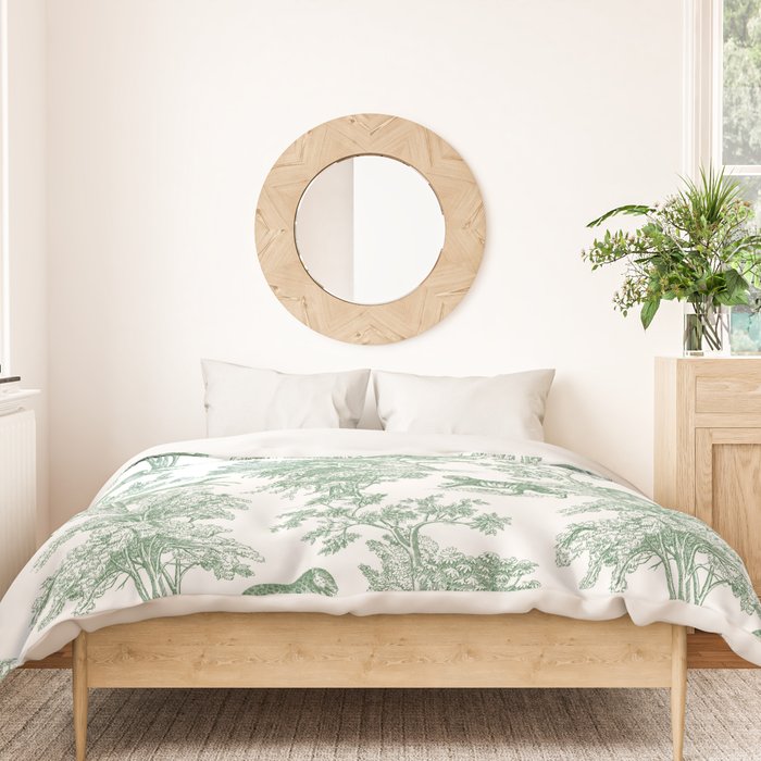 Toile de Jouy Vintage French Exotic Jungle Forest Green & White Duvet Cover Gallery Image 3