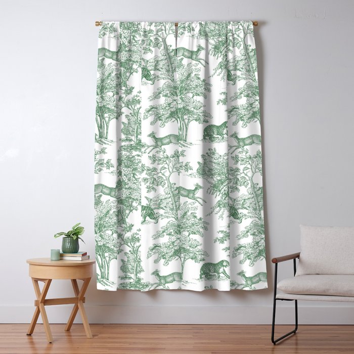 Toile de Jouy Vintage French Exotic Jungle Forest Green & White Window Curtain Gallery Image 1