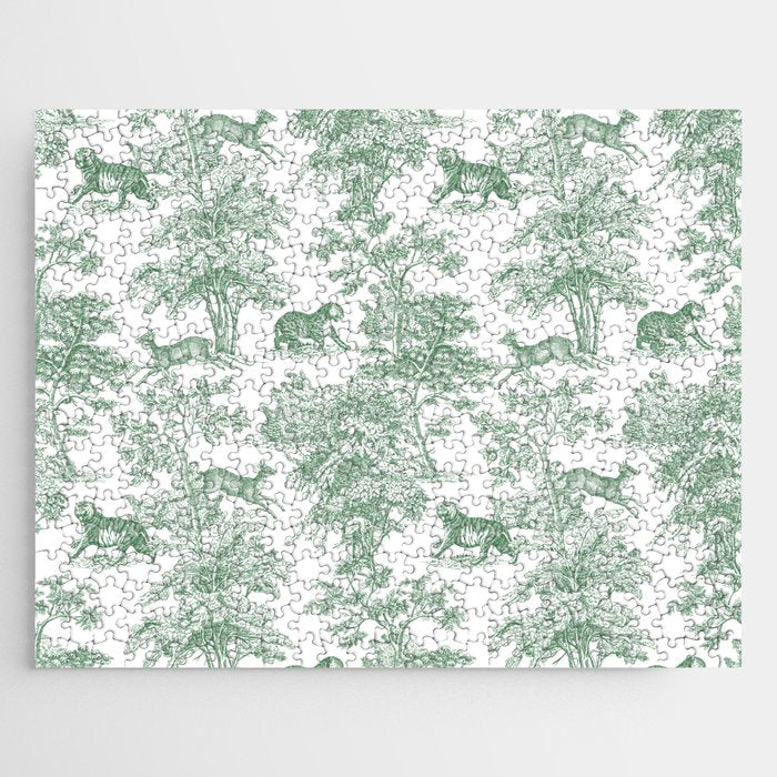 Toile de Jouy Vintage French Exotic Jungle Forest Green & White Jigsaw Puzzle Gallery Image 1