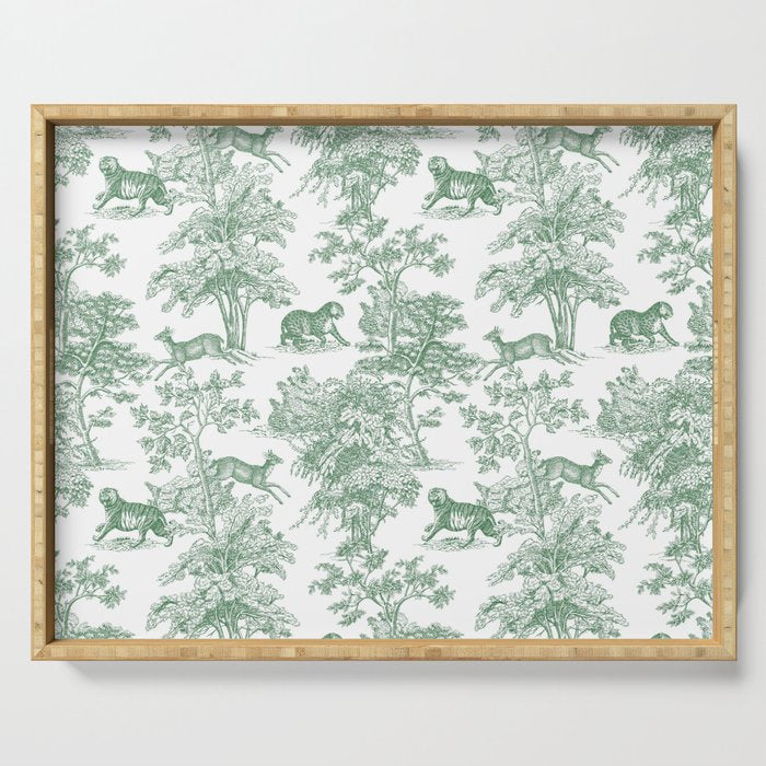 Toile de Jouy Vintage French Exotic Jungle Forest Green & White Serving Tray Gallery Image 1